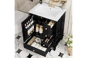 Siemd 24" Bathroom Vanity with Ceramic Sink and Drawers, Bathroom Storage Cabinet with Soft Close Hinges and Solid Wood Legs 