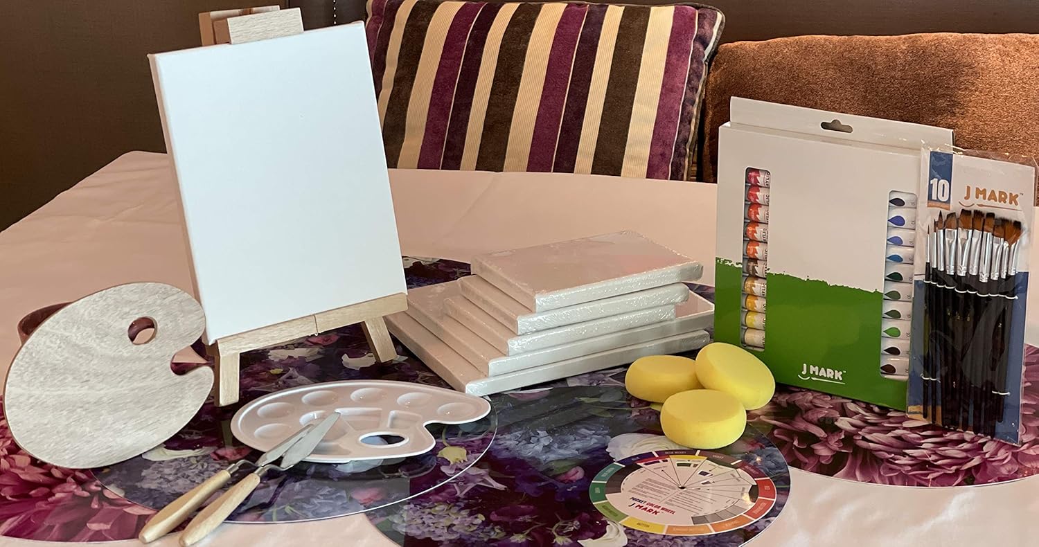 48pc Deluxe Painting Kits for Adults - Includes Adjustable Wood Easels, 10 Brushes Set, 24 Acrylic Paints, Wooden and Plastic Palettes, 2 Painting Knives, 3 Sponges, Canvases, Color Mixing Wheel