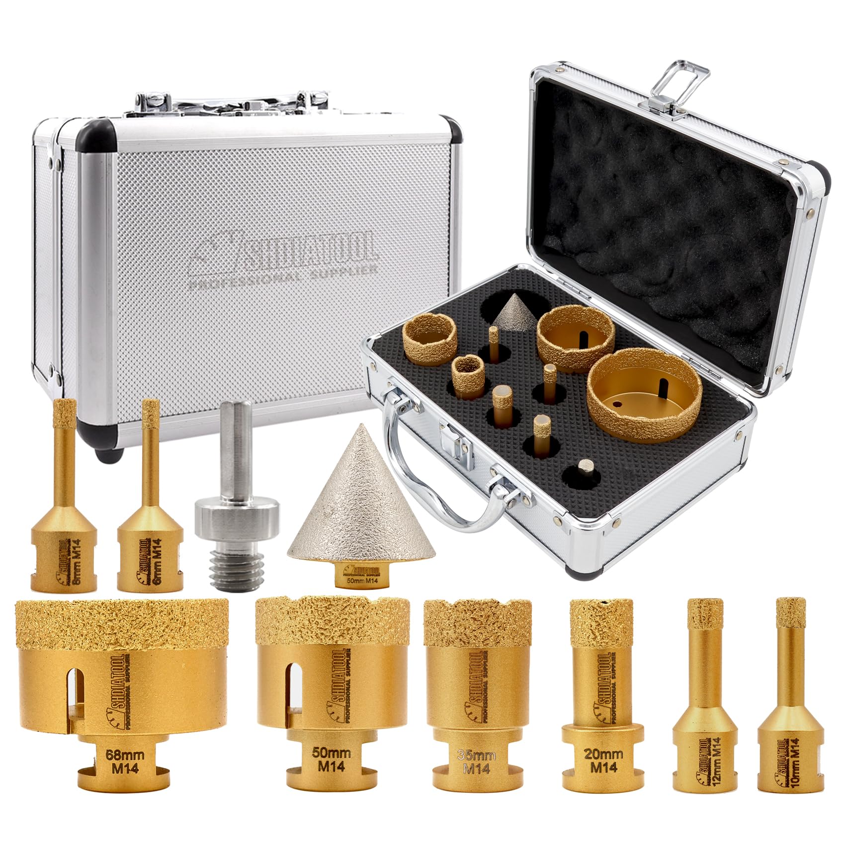 SHDIATOOL Diamond Core Drill Bits M14 Thread 6/8/10/12/20/35/50/68/50mm Diamond Chamfer Bits/Triangle Shank Adapter Vacuum Brazed for Porcelain Tile Ceramic Granite Marble