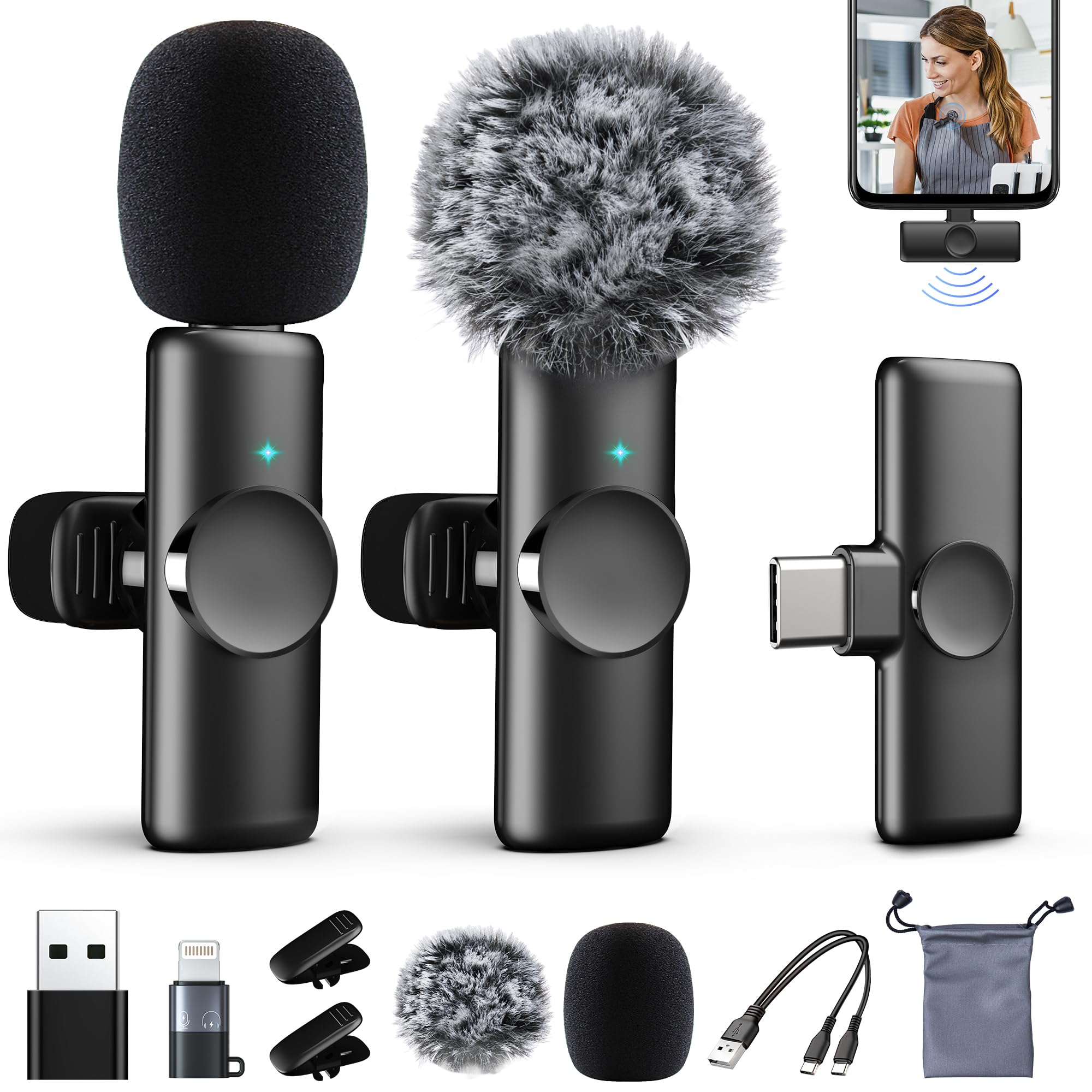 Photo 1 of 2 Packs Wireless Lavalier Microphone for iPhone 17/16/15/iPad/Android/Phone/PC/Laptop, Plug-Play Mini Mic with Noise Reduction, Lapel USB C Microphone for Video Recording