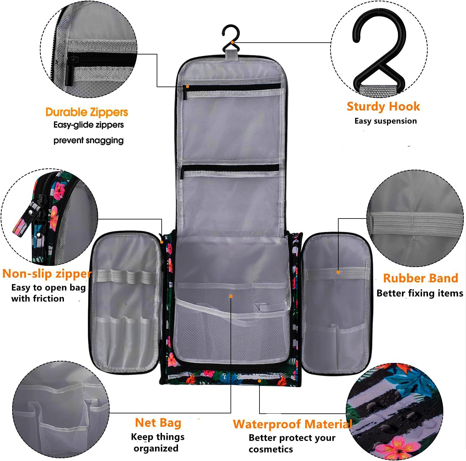 BOOEEN Hanging Travel Toiletry Bag for Women and Girls, Portable Waterproof Cosmetic Travel Bag, 17 Compartments Non-slip zipper, Sturdy Hook, Perfect for Daily use and Travel