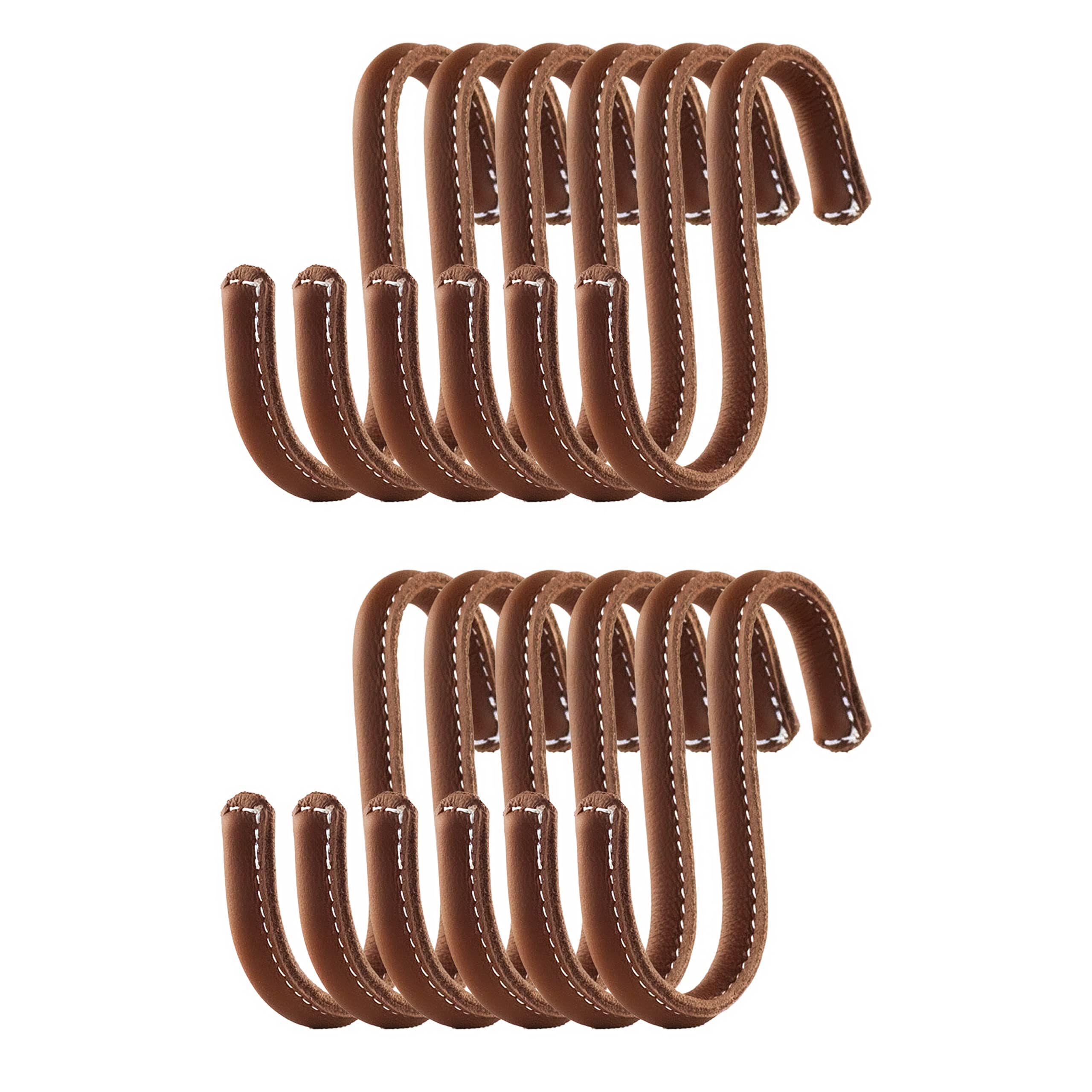 Brute Strength - S Shaped Hooks Wrapped in Full Grain Leather - 12 pcs - Cognac - 10 cm Stainless Steel Metal Hangers Hanging Hooks for Kitchen, Work Shop, Bathroom