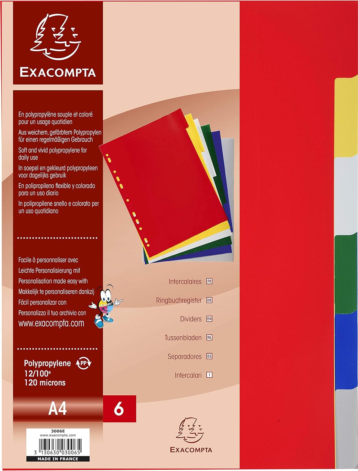 Exacompta PP Dividers, A4, 6 part - Multi-coloured