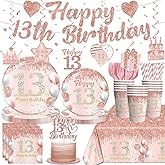 Yingoto Pink 13th Birthday Decorations for Girls with Cake Topper, 20 Serves 13th Birthday Disposable Tableware Set, 2pcs Table Cloth, Banner, for Thirteen Birthday Decorations for Girls