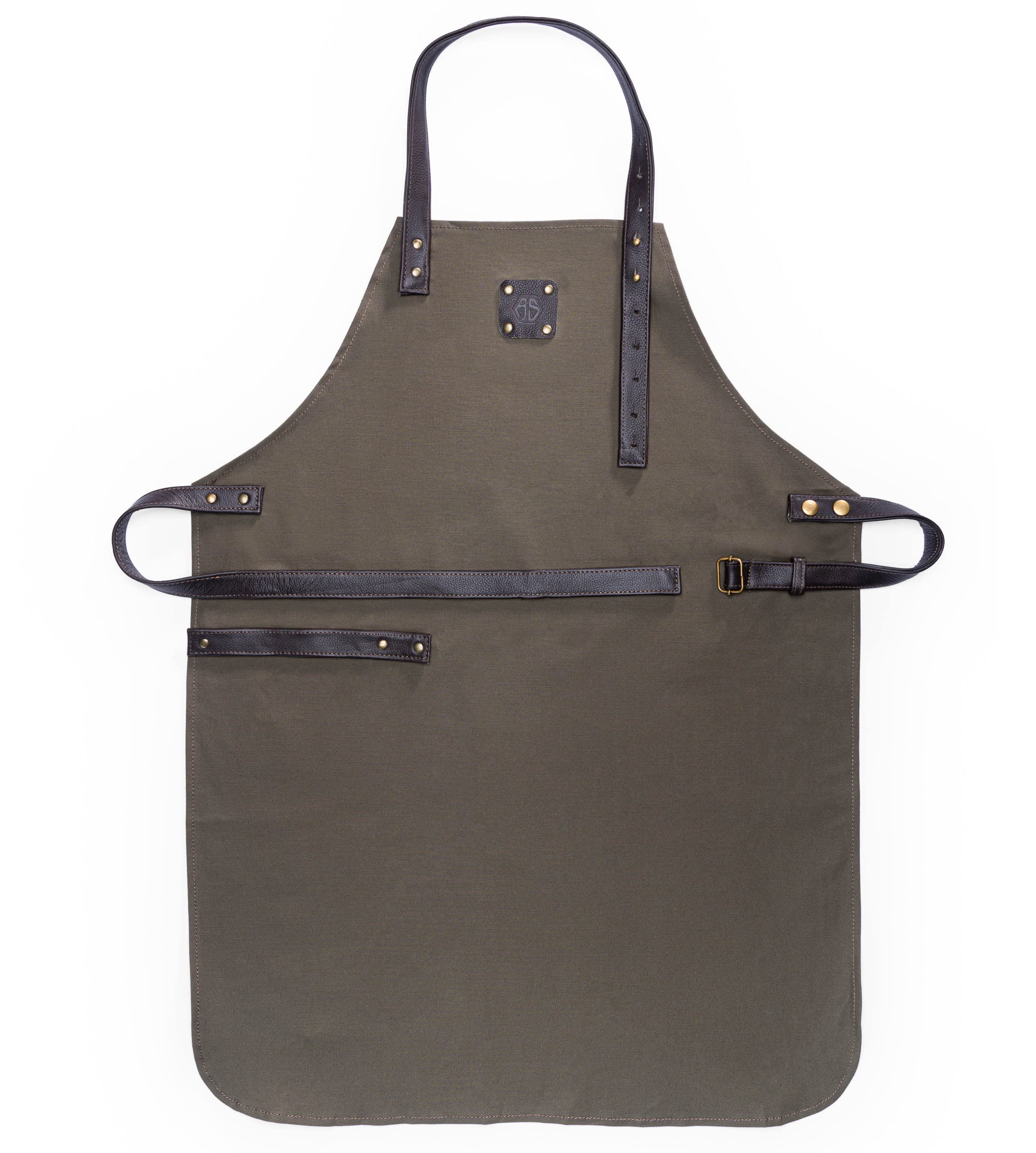 Angus Stoke Cooking Apron Made of Canvas / Cotton – Barbecue Apron Variable with Leather Straps – Cooking Apron Dylan, dark green, One Size