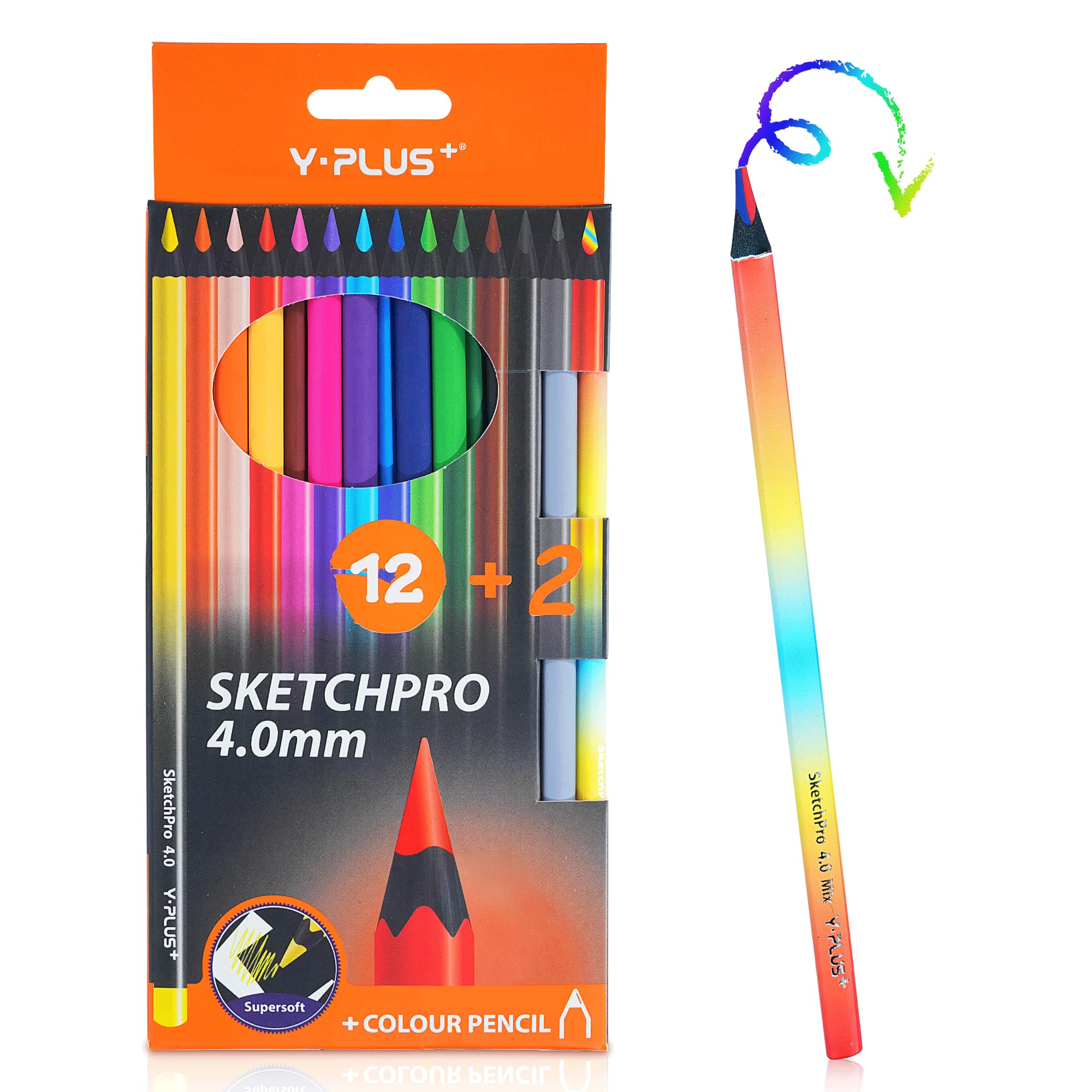 YPLUS Colouring Pencils for Adults and Children, 12+2 Colour Coloring Pencils Set, Sketchpro 4.0mm Coloured Pencils