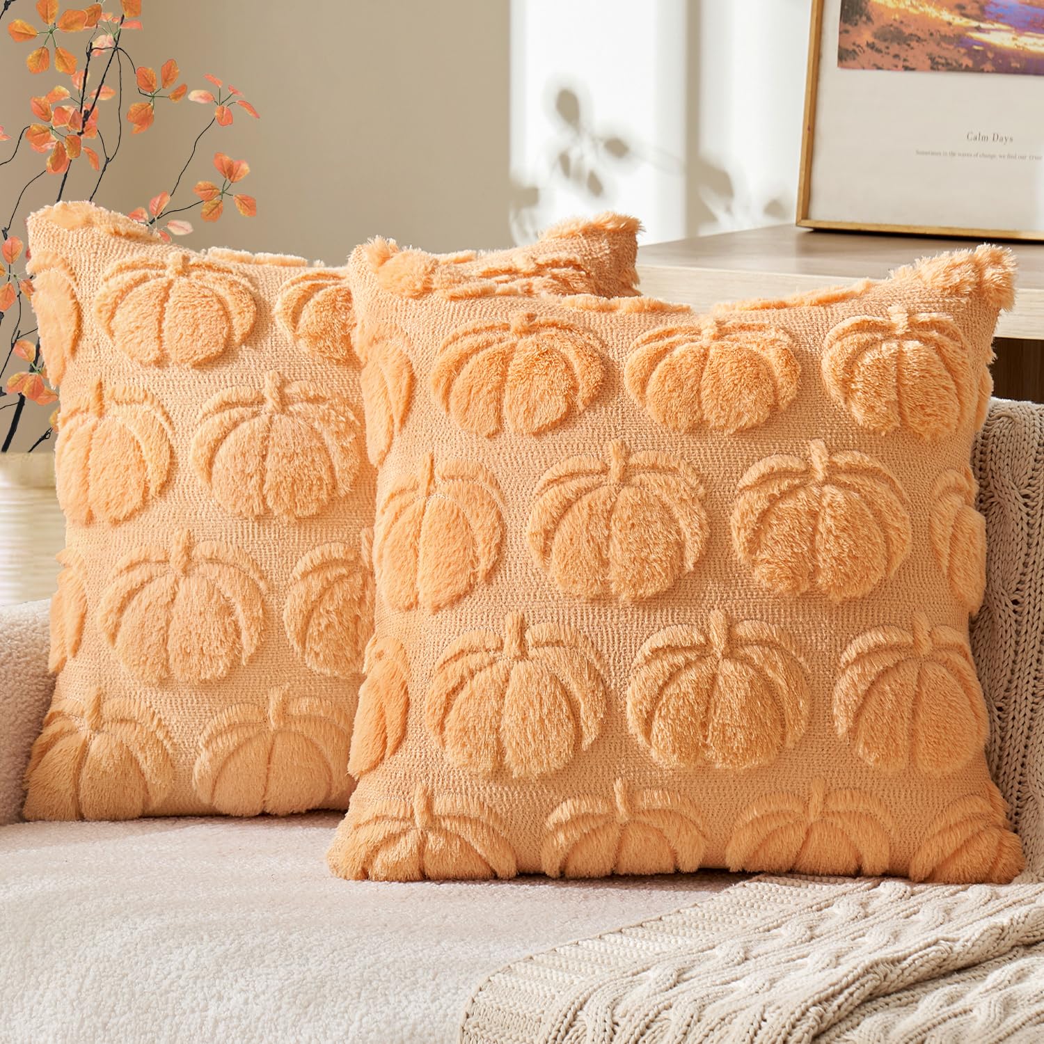 Photo 1 of MIULEE Fall Throw Pillow Covers 18x18 Set of 2 Autumn Decorations Pumpkin Accent Pillowcase for Outdoor Porch Sofa Couch Bed Living Room Plush Faux Fur Halloween Farmhouse Home Decor