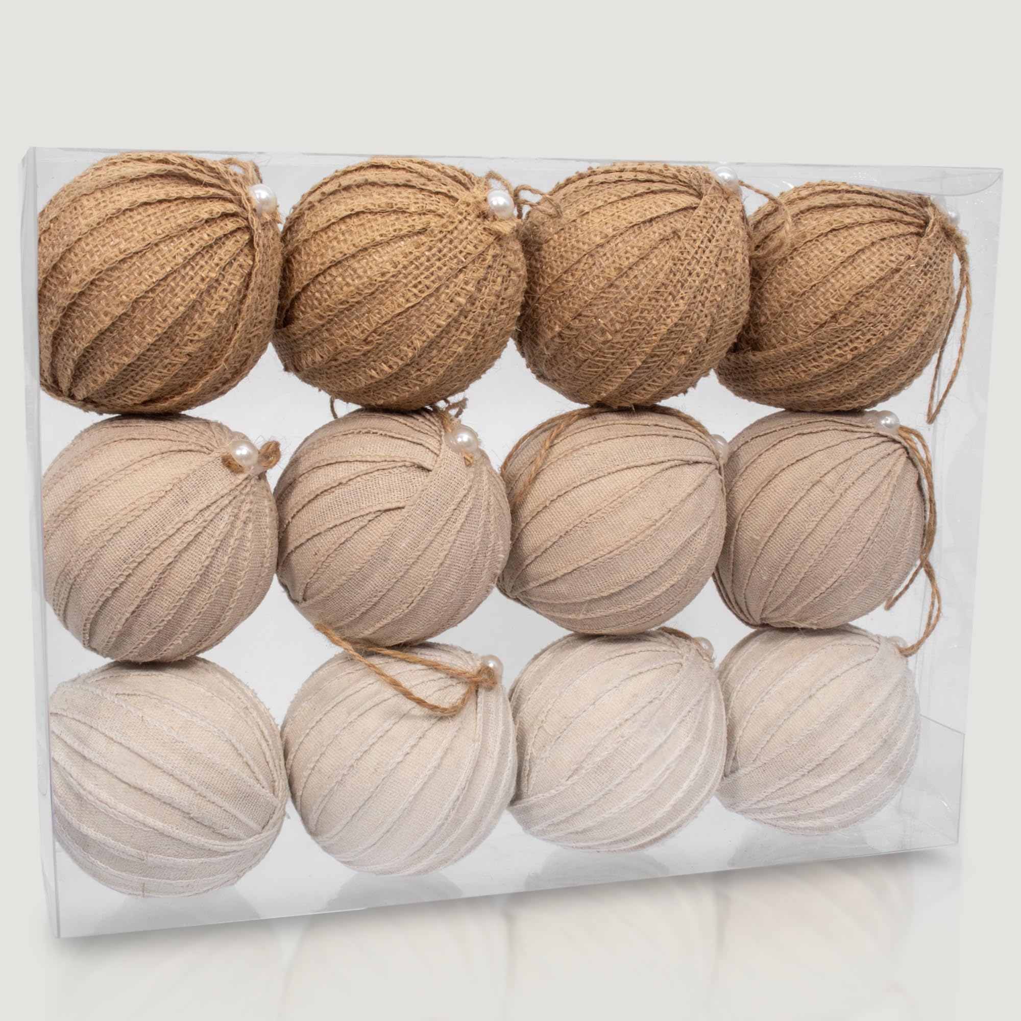 View 1 of 12PCS Neutral Christmas Ornaments Balls Set, 3.15" Jute Burlap & Fabric Hanging Baubles, Rustic Farmhouse Textured Tan Xmas Tree Decorations for Holiday Party Home Decor