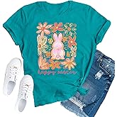 TUPOSU Easter Shirts for Women Happy Easter Bunny Tshirt Glitter Cute Flowery Rabbit Print Tee Tops