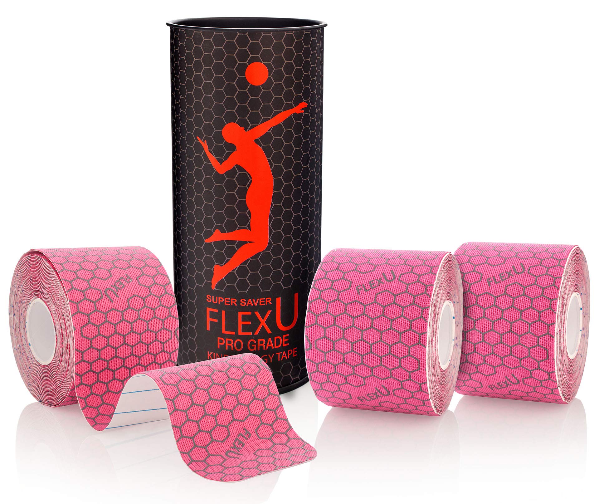 FLEXU Kinesiology Tape, Black 3 Roll Pack - Ultra-Thin Rayon, Latex-Free, Hypoallergenic Professional Therapeutic Tape to Alleviate Pain, Reduce Swelling, and Promote Faster Recovery (pink)