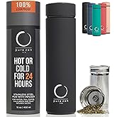 Pure Zen Tea Thermos with Infuser for Hot and Cold Infusions, Coffee and Fruit-Infused Water - Stainless Steel - Tea Infuser Bottle - Leakproof Travel Mug with Filter - 15oz - Black