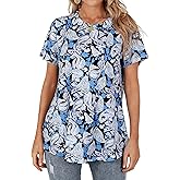 Ezcosplay Womens Tunic Tops Short Sleeve Summer Floral Print Casual Asymmetric Hem Tunic Shirts to Wear with Leggings