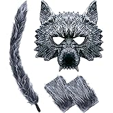 D-Fokes 4PCS Werewolf Costume Set, Realistic Wolf Mask, Gloves and Tail, Big Bad Wolf Costume for Adults