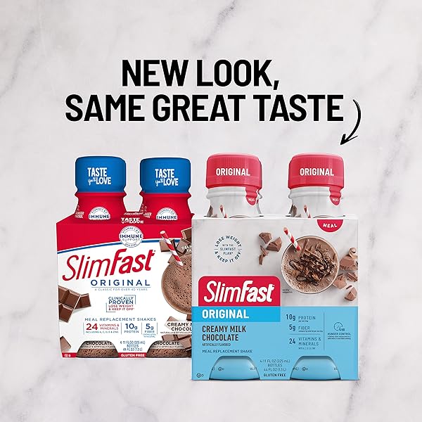 SLIMFAST MEAL REPLACEMENT SHAKE, ORIGINAL CREAMY MILK CHOCOLATE, 10G OF READY TO DRINK PROTEIN FOR WEIGHT LOSS, 11 FL. OZ BOTTLE, 4 COUNT (PACKAGING MAY VARY)