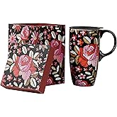 Topadorn Ceramic Coffee Mug Travel Cup Gift with Lid 17oz, Porcelain Tall Tea Cup with Handle for Home & Office, Rose Flower Art Pattern Mug in Gift Box, 6.5" H