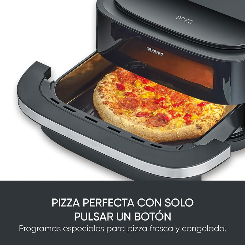 S-Fry Pizza & More Air Friyer, 10 programas automáticos de pizza e mais, distribuição ótima de calor, formato extra largo, janela de visualização, 4 L, 2100 W, preto, prateado, FR 2464