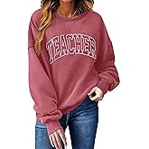 BEBNKGK Teacher Sweatshirt for Women Oversized Crewneck Sweatshirts Teacher Embroidered Sweatshirt Women Pullover Long Sleeve Tops(Pink,M)