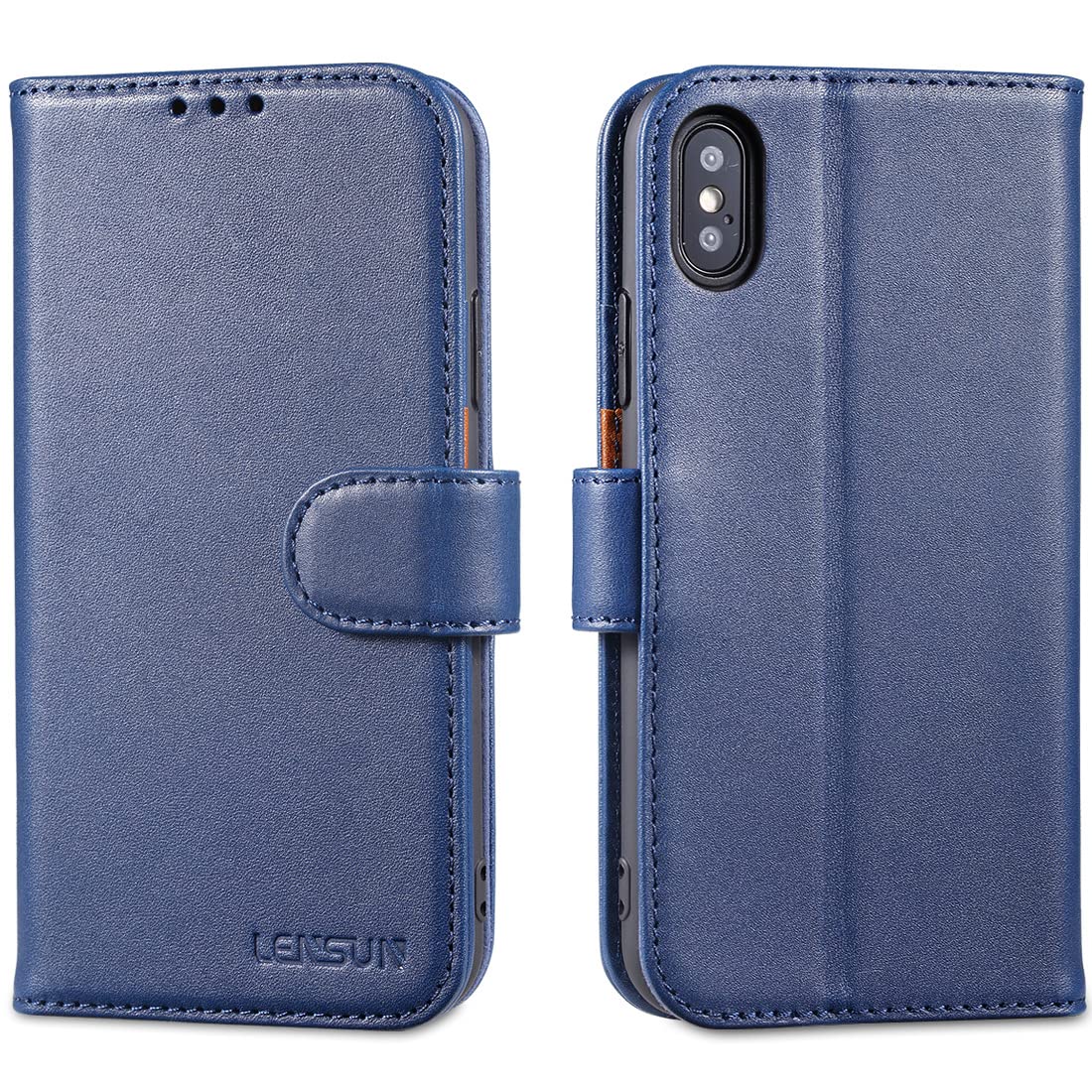 LENSUN Flip Case for iPhone X and iPhone XS, Genuine Leather Wallet Phone Cover [RFID Blocking] with Card Holder and Magnetic Closure Compatible with iPhone X/XS - Blue