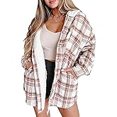 Merryfun Womens Plaid Shacket Jacket Sherpa Lined Flannel Jackets Oversized Button Up Fleece Hooded Warm Coat