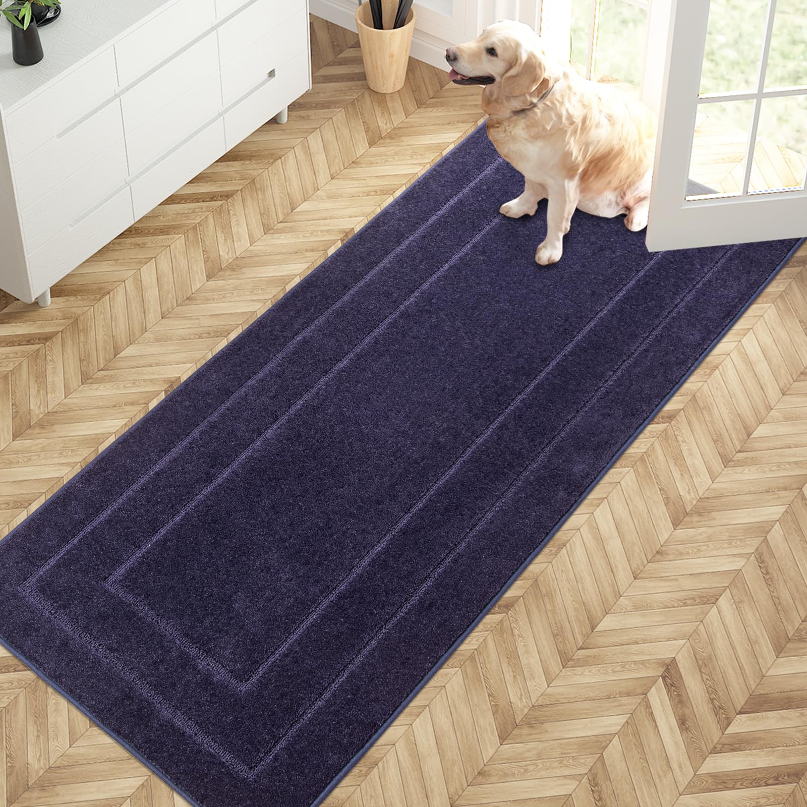 Photo 1 of PURRUGS Dirt Trapping Door Mat 32" x 70", Non-Slip/Skid Machine Washable Entryway Rug, Dog Doormat, Super Absorbent Welcome Mat for Muddy Wet Shoes and Paws, Navy Blue