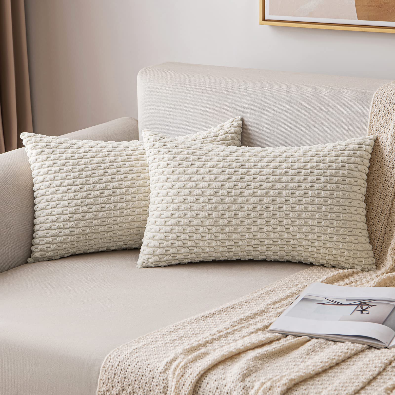 MIULEE Corduroy Cushion Covers Decorative Soft Throw Pillow Cover Square Pillowcase for Sofa Livingroom Chair Bedroom with Invisible Zipper 12x20 Inch 30x50 cm Pack of 2 Beige