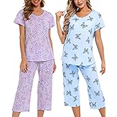 ENJOYNIGHT 2 Pack Womens Pajama Sets Cotton Short Sleeve Top with Capri Pants Summer Pjs Sleepwear