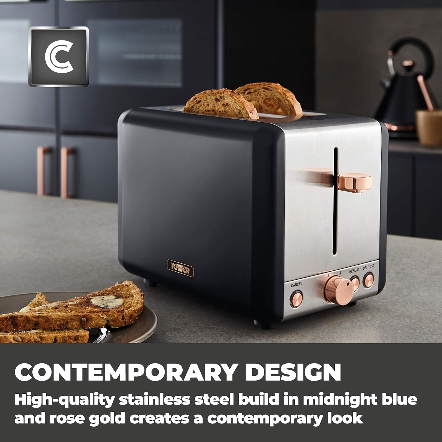 Tower T20036RG Cavaletto 2-Slice Toaster with Defrost/Reheat, Stainless Steel, 850W, Black and Rose Gold - Image 5