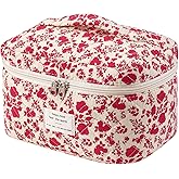 uekeboag Large Travel Quilted Makeup Bag for Women, Floral Cotton Cosmetic Bag, Coquette Aesthetic Floral Toiletry Organizer Bag