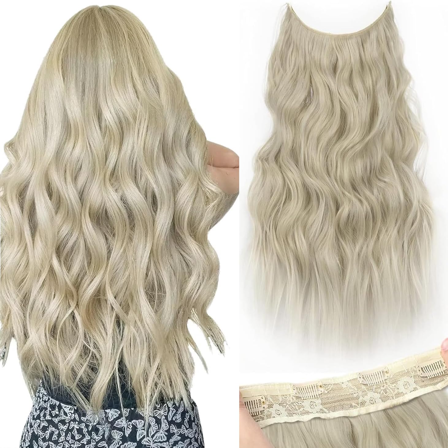 PORSMEER Ash Blonde Invisible Wire Hair Extensions with Transparent Wire Adjustable Size 4 Secure Clips 20 inch Long Wavy Secret Hairpiece,Gray Blonde โ image 1