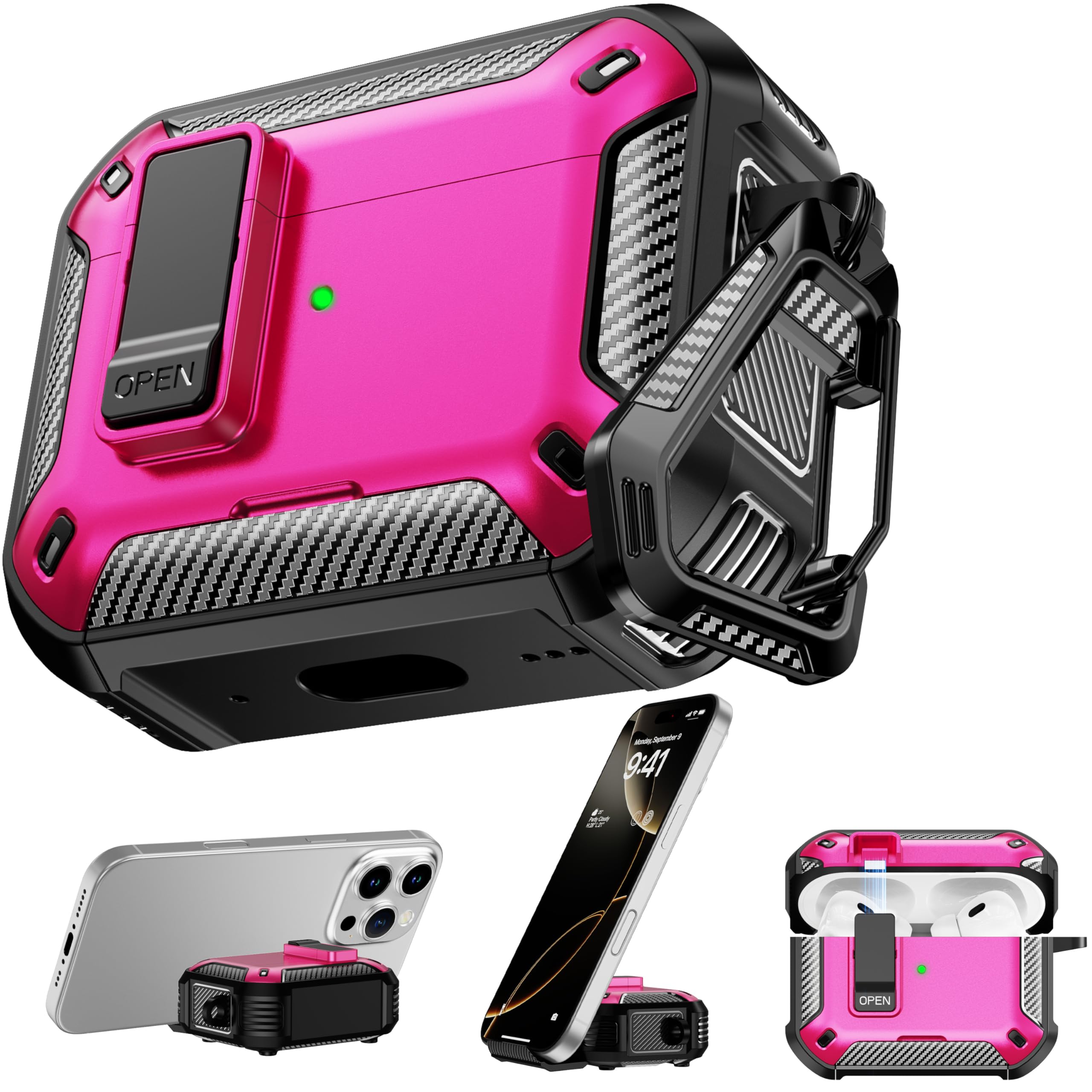 Photo 1 of RFUNGUANGO Compatible AirPods Pro 2nd Generation / 1st Generation Protective Case with Phone Holder and Compatible Back Magnetic Suction Function, Suitable for AirPods Pro 2 Case, Black + Rose red