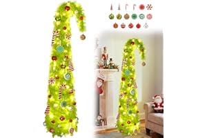 SUNM BOUTIQUE 5Ft Whimsical Pop up Christmas Tree with LED 50 Lights, Lime Green Pencil Trees with Xmas Accessories, Collpsible Bendable Christmas Tree for Yard, Fireplace, Indoors and Outdoors Decor