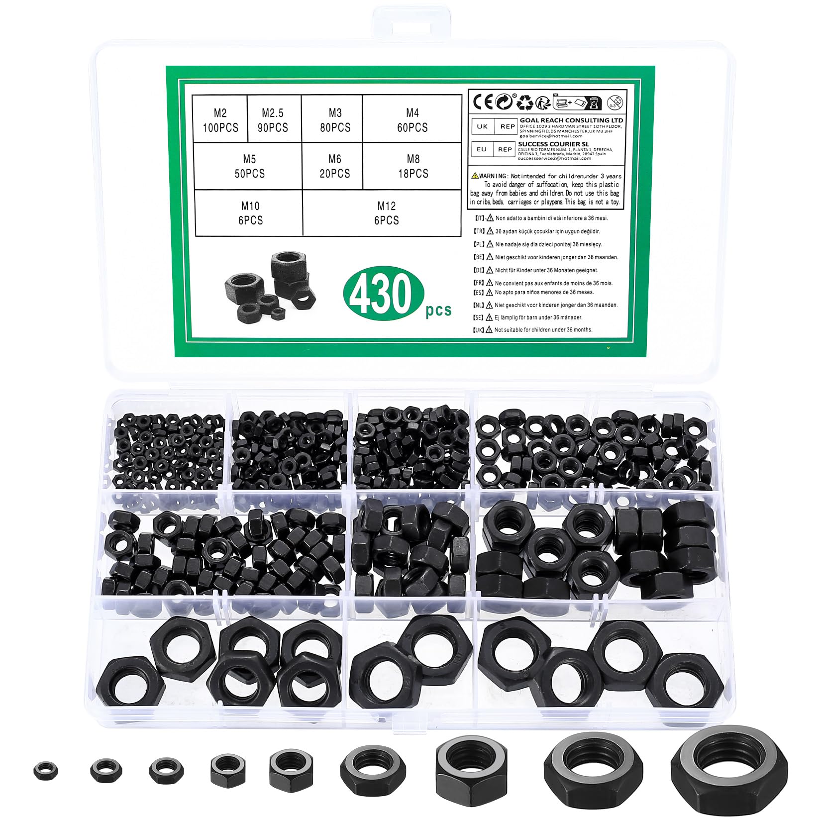 430 Pcs Hex Nuts Assortment Set, Nuts Set, Carbon Steel nuts for Screws, Black Thread Hexagon Nut for Bolts, Anti-Loose Insert Nutss, M2 M2.5 M3 M4 M5 M6 M8 M10 M12