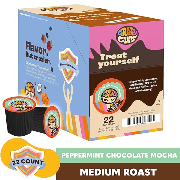 CRAZY CUPS FLAVORED COFFEE FOR KEURIG K-CUP MACHINES, PEPPERMINT CHOCOLATE MOCHA, HOT OR ICED DRINKS, 22 SINGLE SERVE, RECYCLABLE PODS