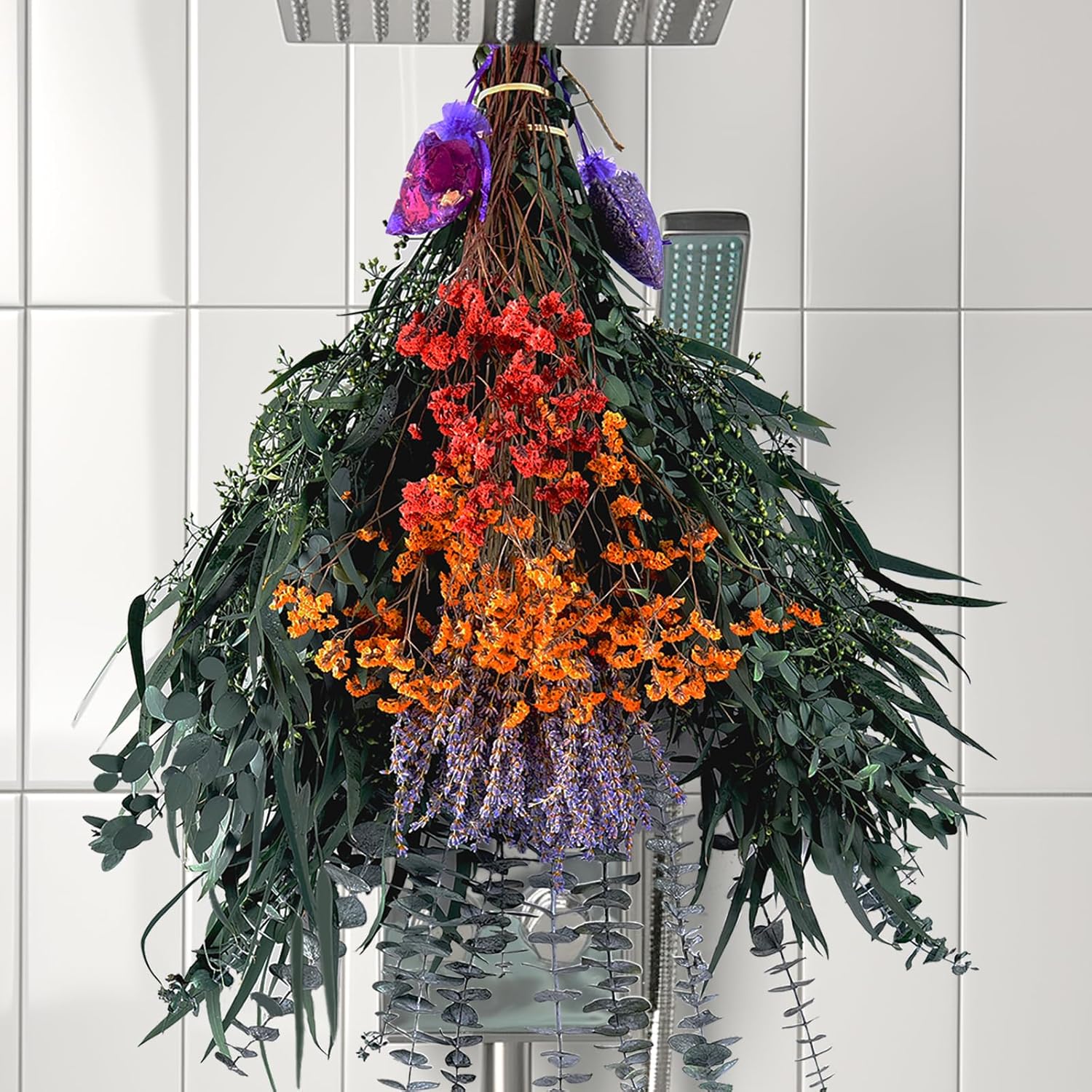 Dried & Preserved Flora - 128 Pcs Mixed Real Dried Eucalyptus Stems, 100% Natural Preserved Eucalyptus Leaves with Lavender & Rose Flower Sachet Bundles, Greenery for Hanging Shower, Plant Fragrance, Wedding Decor