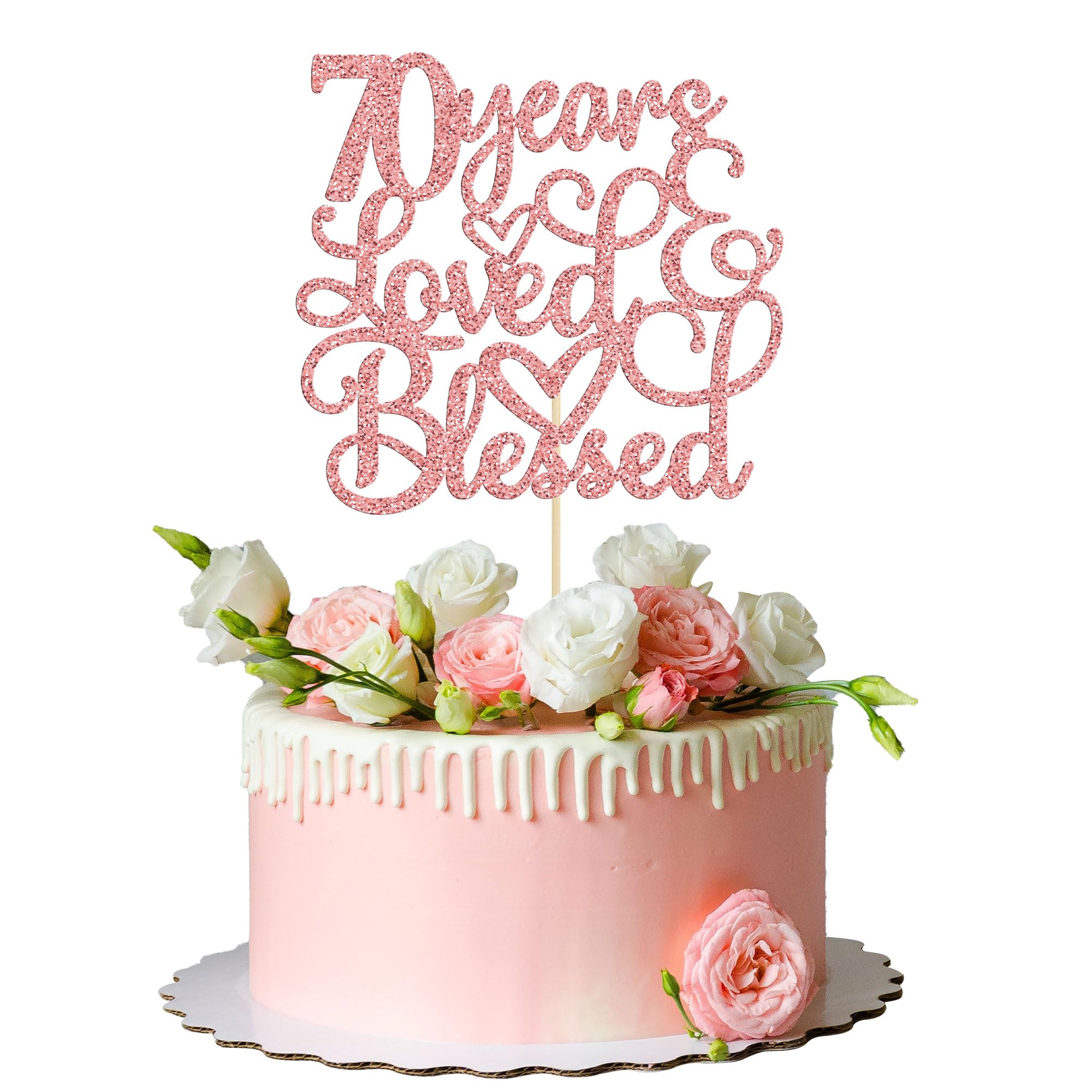 Gyufise 1Pc Rose Gold Glitter 70 Years Love and Blessed Cake Topper Cheers to 70 Years Happy 70th Cake Topper 70th Birthday Wedding Anniversary Party Decoration Suppliers