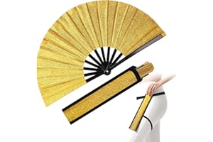 Secrtji 13 inch Glitter Large Rave Folding Clack Hand Fan with Holster for Men/Women Handheld Fan for EDM,Festival,Club,Party,Line Dancing,Gold