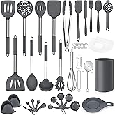 LIANYU 43 Pcs Kitchen Cooking Utensils Set, Silicone Cooking Utensils Spatula Set with Holder, Heat Resistant Kitchen Gadgets Tools for Nonstick Cookware Set, Stainless Steel Handle, Grey