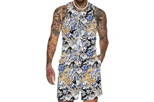 JoZorro Men's Floral Tank Top Set Sleeveless Tees Outfit Luxury Print Casual Sport T-Shirts Tracksuit Hawaii Beach Vacation