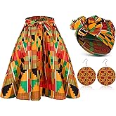 Coume 3 Pcs Women African Dashiki Skirt Traditional Costume African Bohemian Head Wrap Scarf Drop Dangle Earring