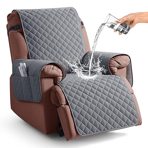 KinCam 100% Waterproof Recliner Chair Cover, Reclining Couch Covers for Pets, Dogs, Recliner Couch Slipcover Furniture Protector with Elastic Straps for Kids(28", Dark Gray)