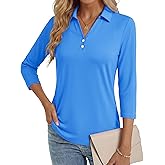 MAGCOMSEN Women's 3/4 Long Sleeve Polo Shirts Collared V Neck Golf Shirts UPF 50+ Quick Dry Casual Work Tops