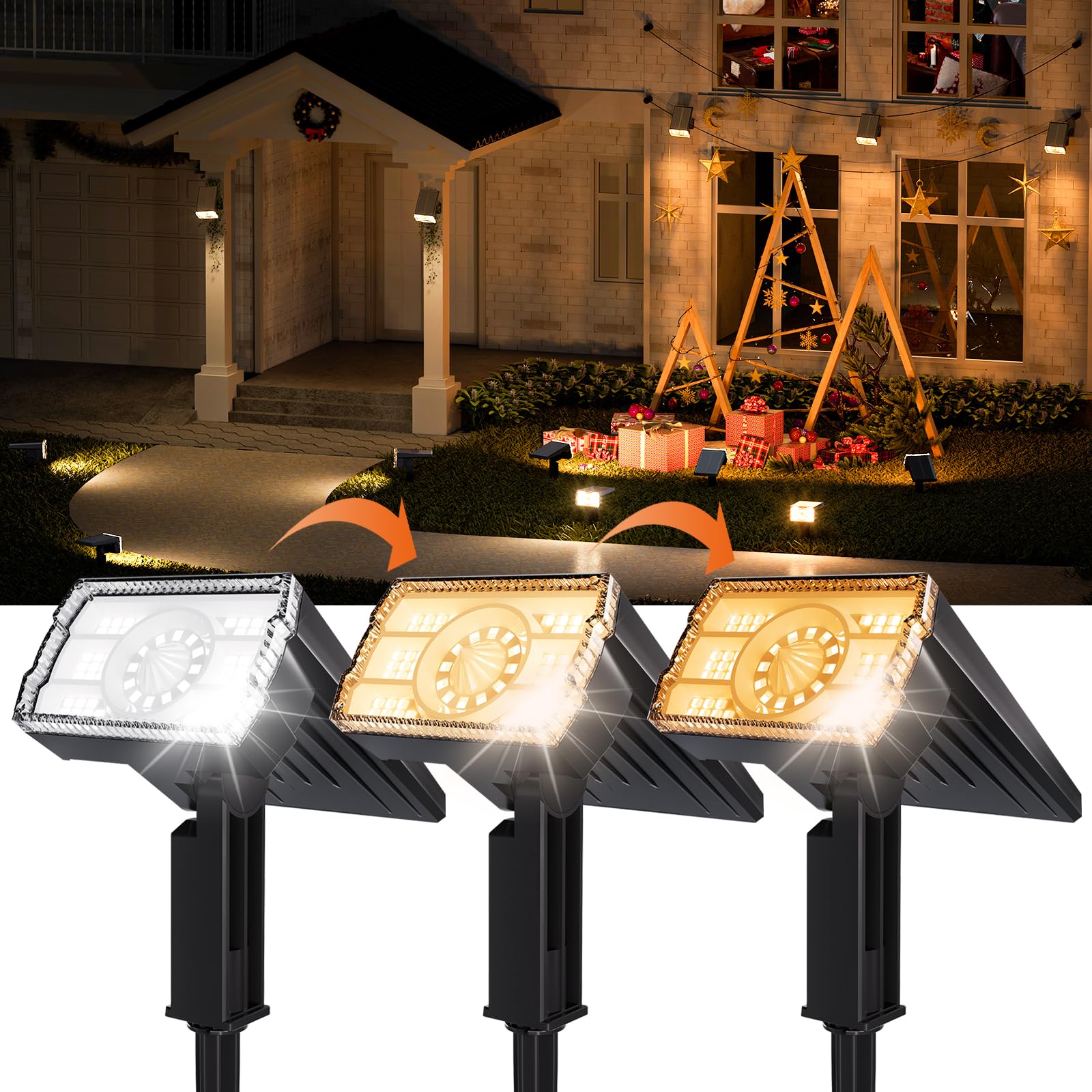 Photo 1 of Solar Spotlights Outdoor Waterproof IP67,4 Pack Adjustable Wall&Ground Solar Lights Powered with 3 Colors, 3 Modes, Dusk to Dawn for Pathway/Garden/Yard/Patio/Driveway/Landscape Lighting Outside Decor