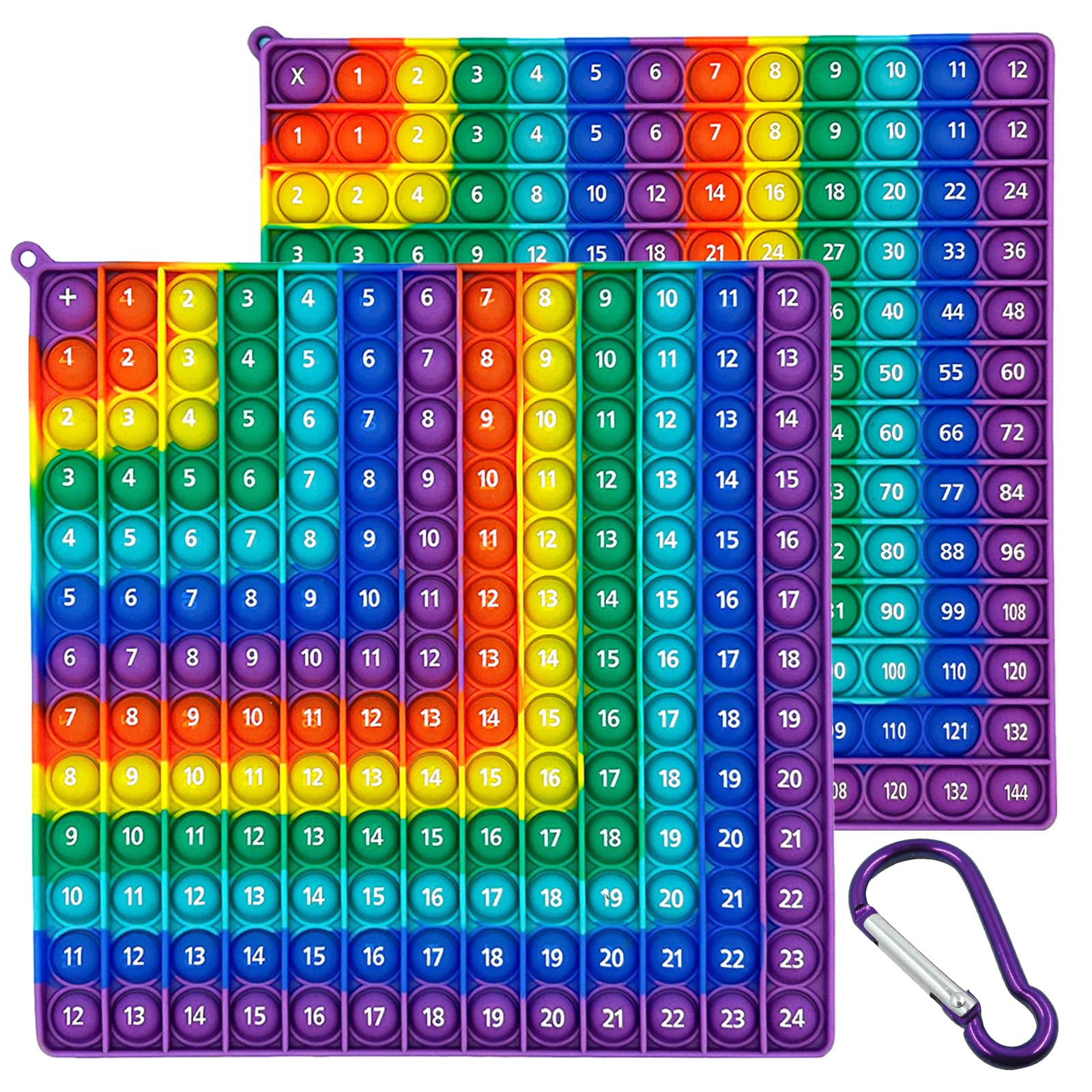 PORUPAEL Times Table Poppet Double-Sided - Multiplication Pop 12x12 & Addition Table 12+12, Silicone Math Fidget Toy with Purple Carabiner, Educational Stress Relief Popping Game for Kids (Purple)
