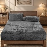 PHF Truly Velvet Fitted Sheet Only for Warm Deep Sleep, King Size, Grey | Luxurious Soft Plush Warm Bottom Velour Sheet, Anti-Static, Ice Floral Texture, Deep Pocket Up To 99", Non-Slip, Pet-Friendly