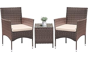 Greesum 3 Pieces Patio Dining PE Rattan Wicker Chair Furniture Set with Cushion and Glass Coffee Table for Outdoor Garden Backyard Poolside, Brown and Beige
