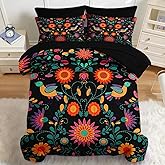Nesker 7 Pcs Comforter Set Queen Size, Colorful Mexican Flower Bedding Set for Kids and Adults, Retro Floral Leaves Bed Sheet Sets with Fitted Sheet 2 Pillowcases & 2 Shams