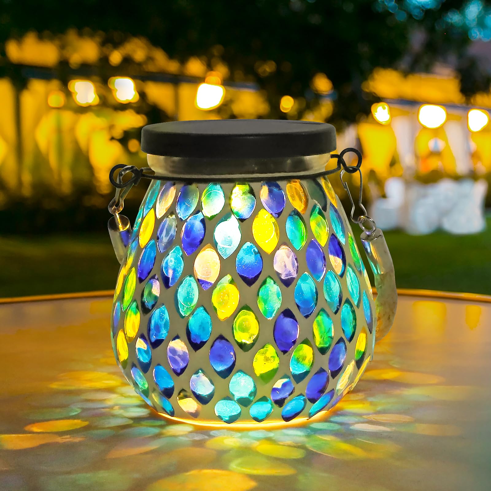Mosaic Solar Lanterns Lights Outdoor: IP65 Waterproof Hanging Solar Lights Tabletop Decorative Table Lamps for Patio Porch Lawn Garden Yard 2 LED Warm White and RGB - Teardrop Blue