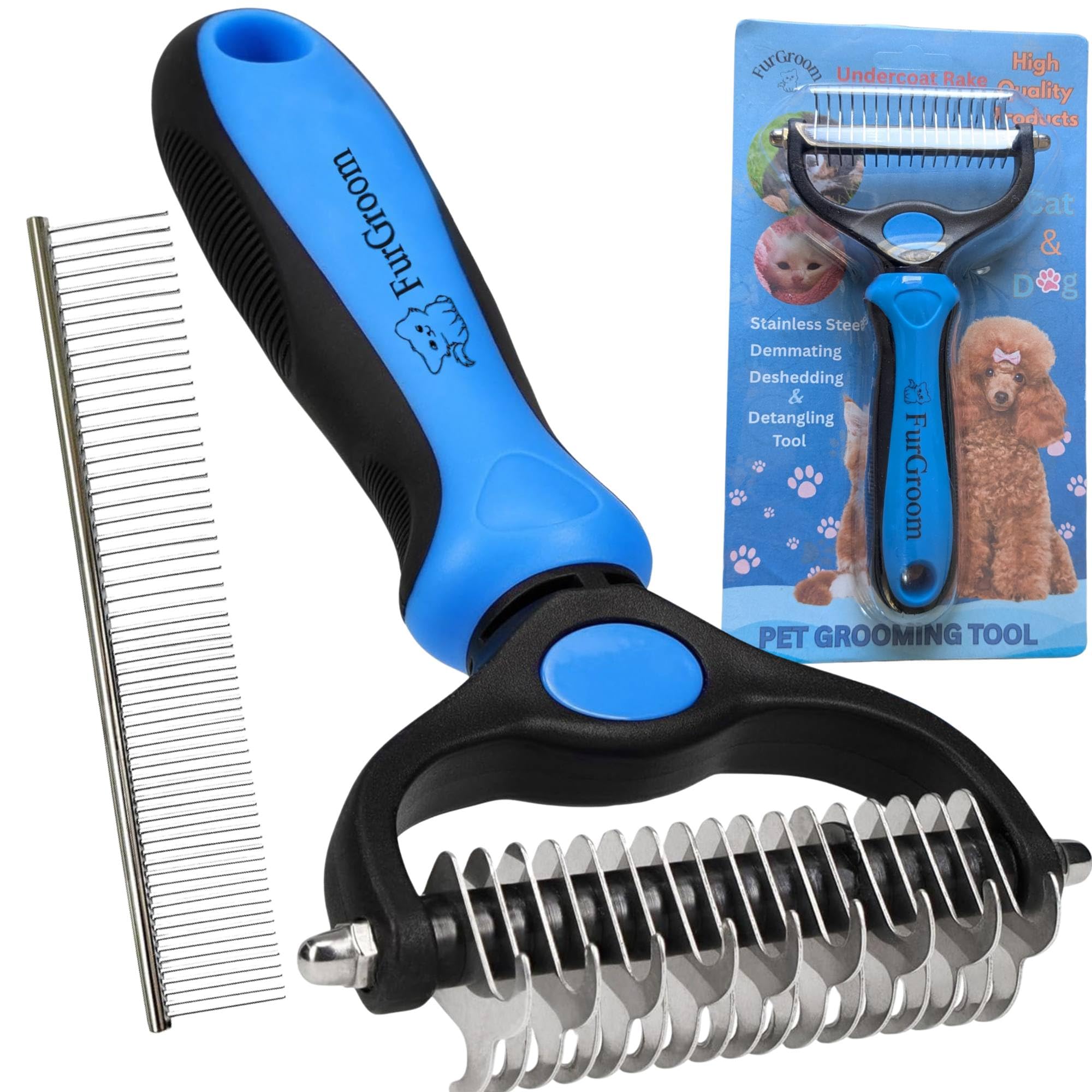 FurGroom Undercoat Rake Dog Cat Reduce Shedding by 95%- Double Sided Grooming and Deshedding Tool Removes Knots and Tangled Hair,Grooming Brushes for Dog,Cat,Horse- Undercoat Brush Cat, Dematting Comb