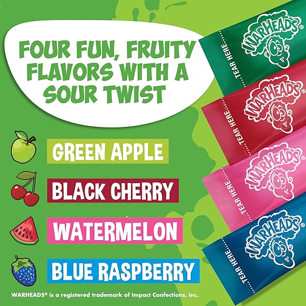 WARHEADS SINGLES TO GO SOUR DRINK MIX, 30 STICKS, VARIETY PACK (GREEN APPLE, BLACK CHERRY, WATERMELON, BLUE RASPBERRY), ZERO SUGAR, LOW CALORIE