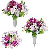 Cemetery Flowers for Grave,2 Pcs Peony Realistic Artificial Flowers For Outdoors,Memorial Flowers for Gravesite,Cemetery Decorations Spring Outdoor Gravesite Flowers with Vase(Purple&Pink, 2 Bouquets)